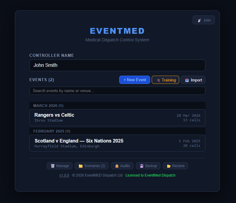 EventMED Dispatch — home screen showing active events